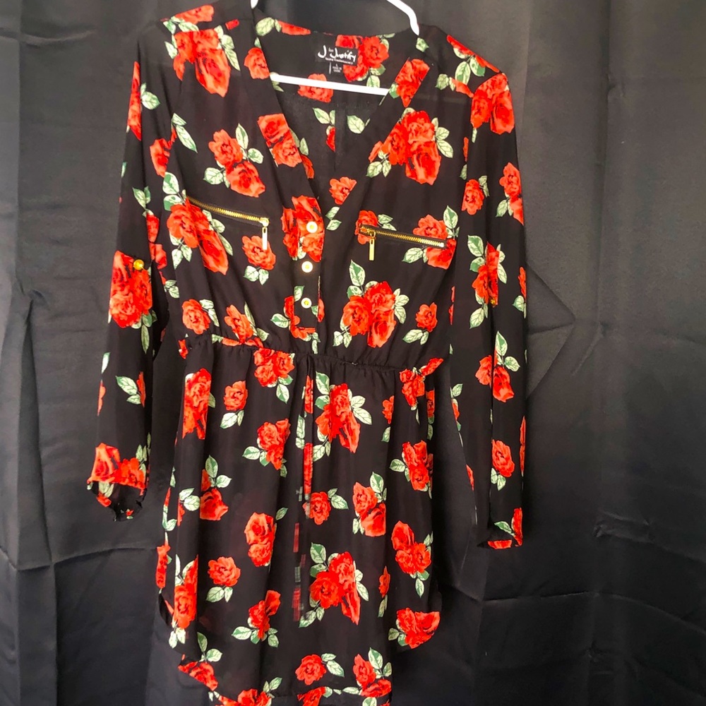 Black and red floral shirt dress/long shirt
